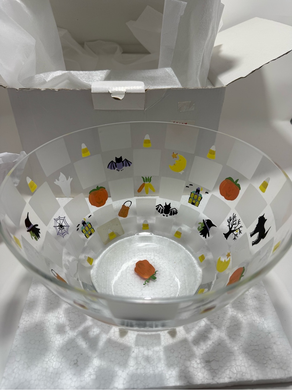 Lenox Clear Glass Halloween Checker Bowl with Orange & Yellow Accents